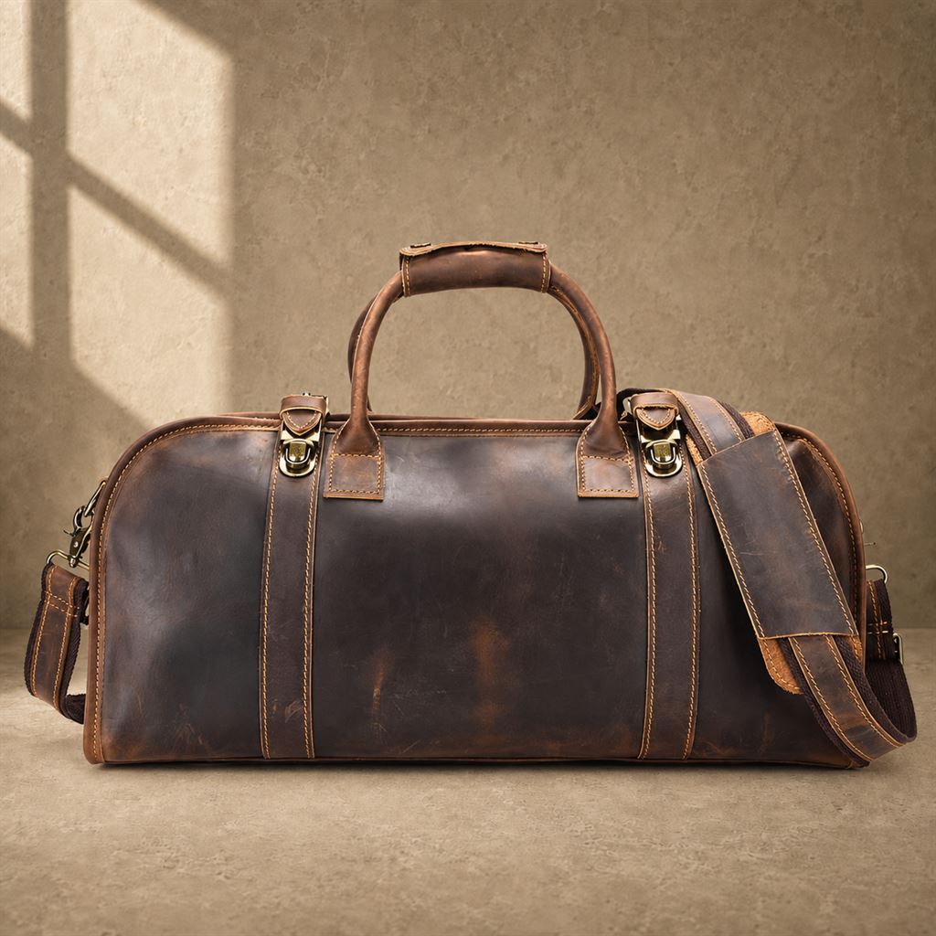 Coffee leather weekender holdall bag, front hero view
