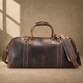 Coffee leather weekender holdall bag, front hero view