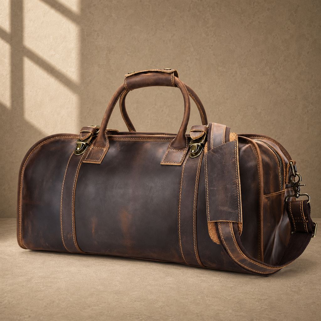 Coffee leather weekender holdall bag, front three-quarter view