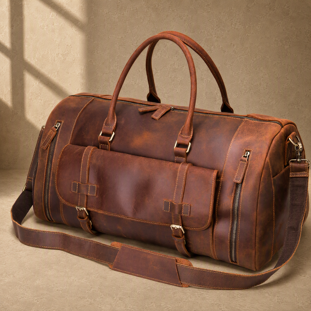 Brown leather shoe pocket duffle bag with shoulder strap, front hero view