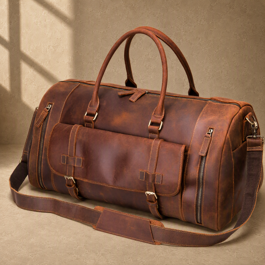 Brown leather shoe pocket duffle bag with shoulder strap, front hero view