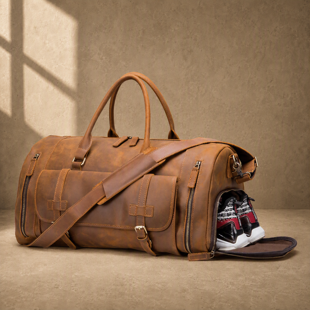 Brown leather shoe pocket duffle bag with open footwear compartment