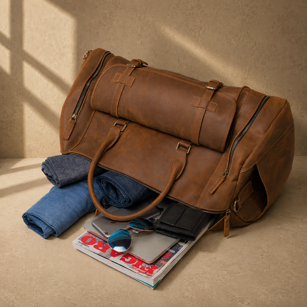 Brown leather shoe pocket duffle bag opened to show packed capacity