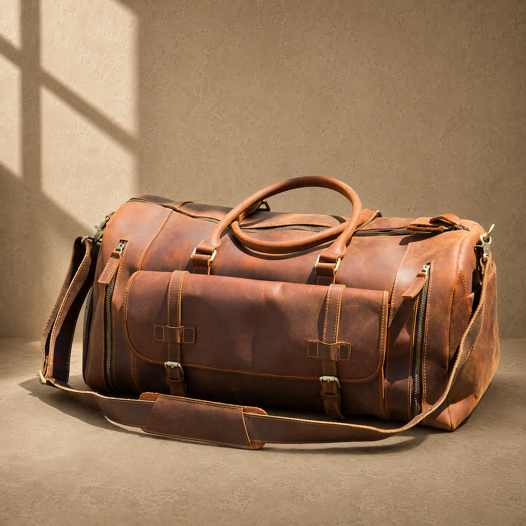 Brown leather shoe pocket duffle bag with removable shoulder strap