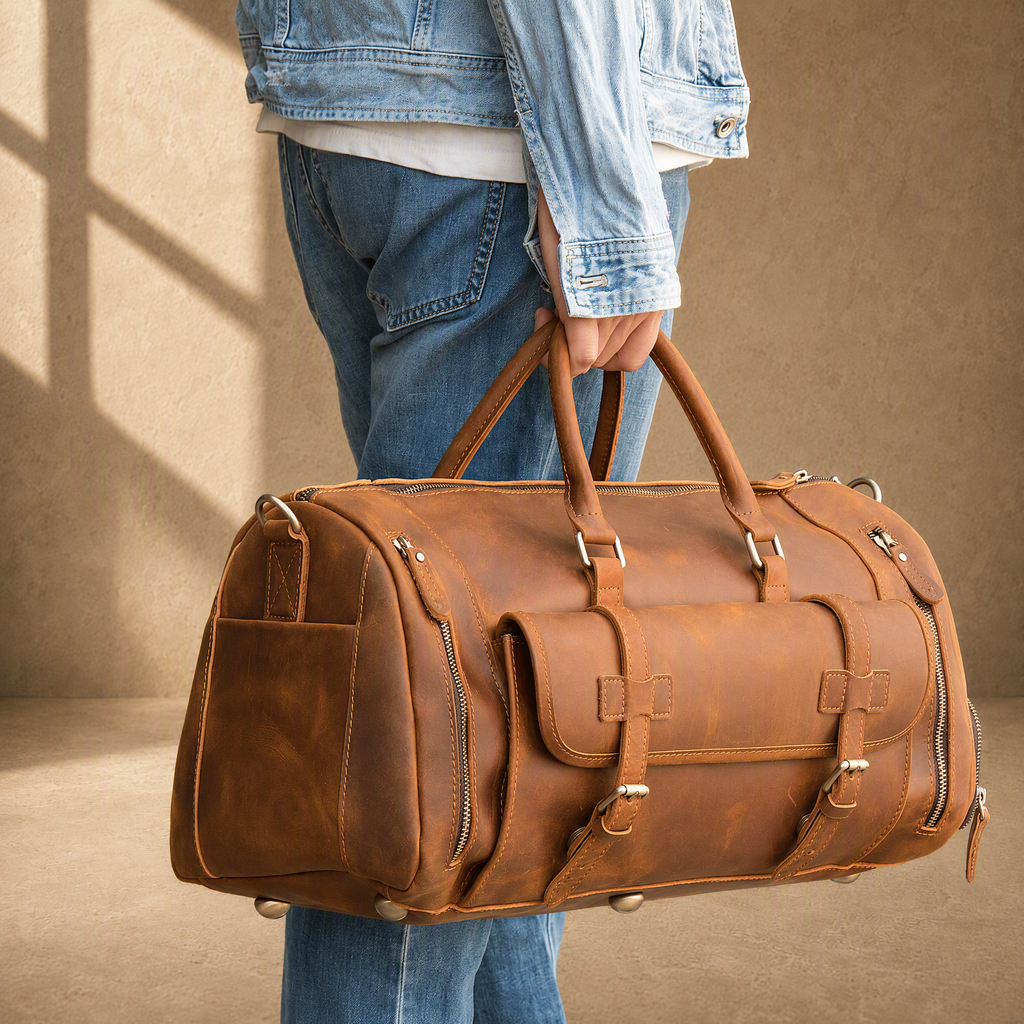 Brown leather shoe pocket duffle bag in hand carry view