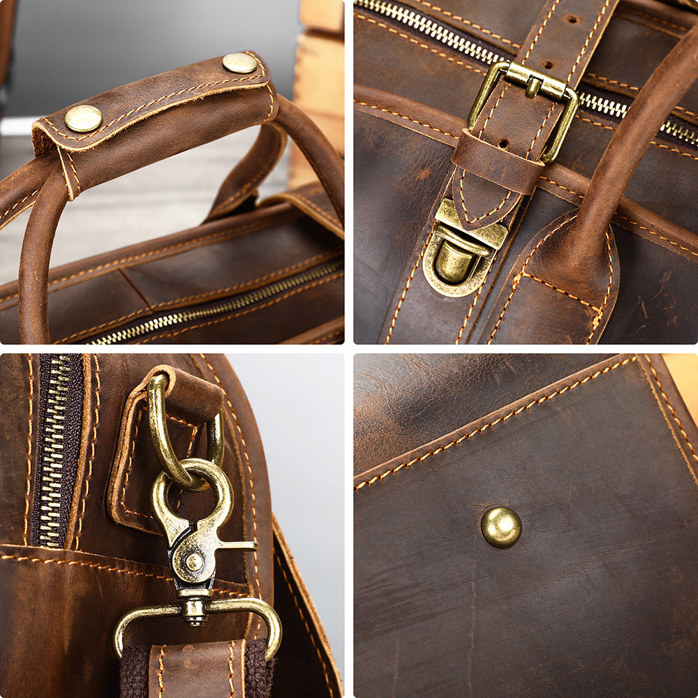 Coffee leather weekender holdall bag, hardware detail collage