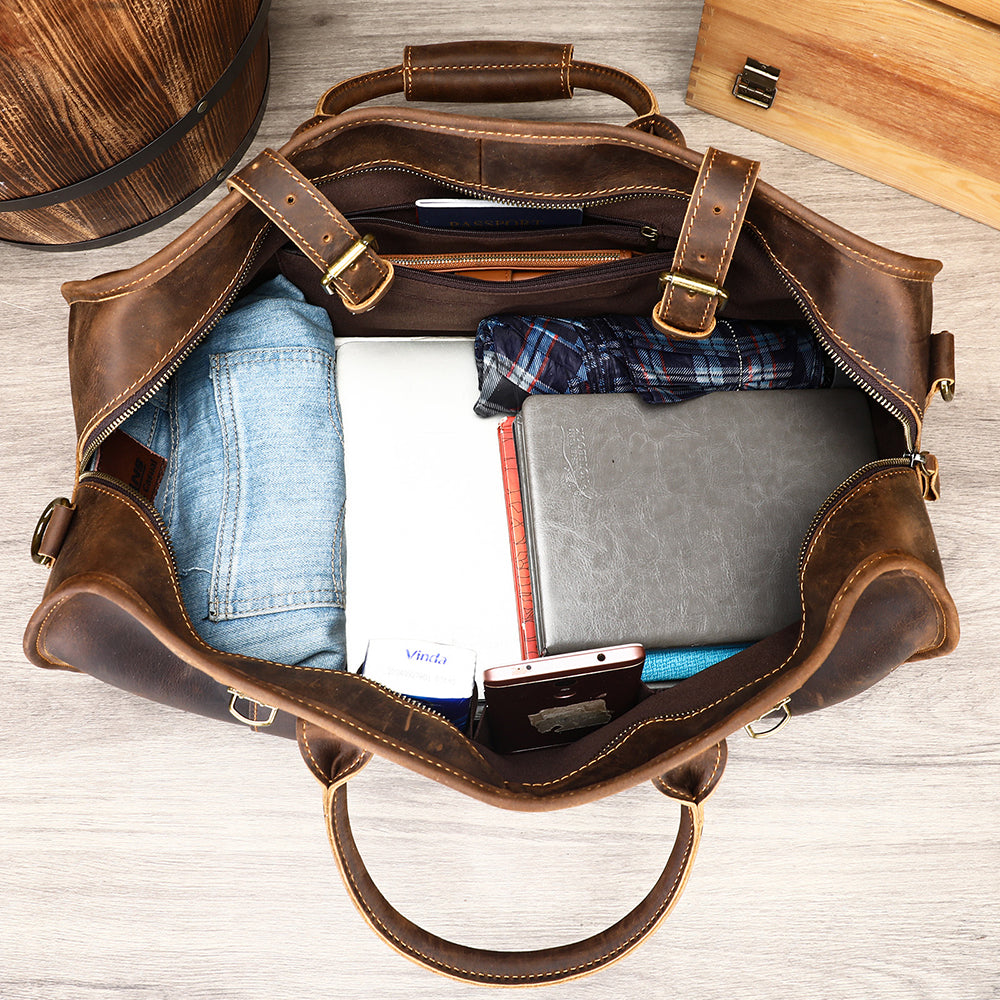 Coffee leather weekender holdall bag, packed main compartment view