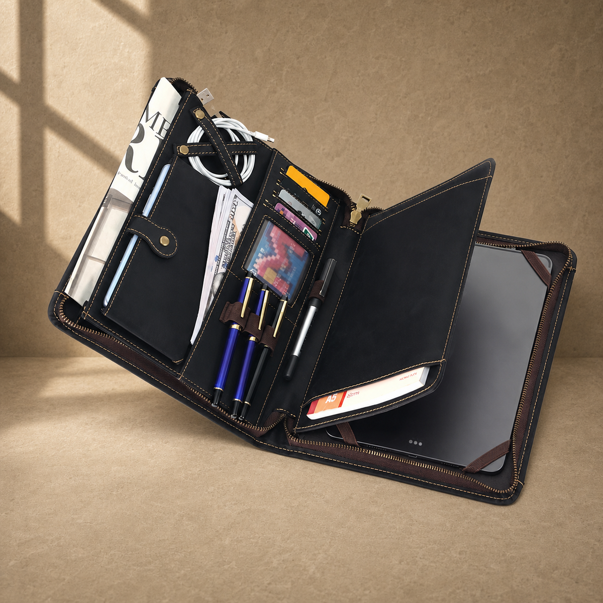 Black crazy-horse leather portfolio packed interior hero view