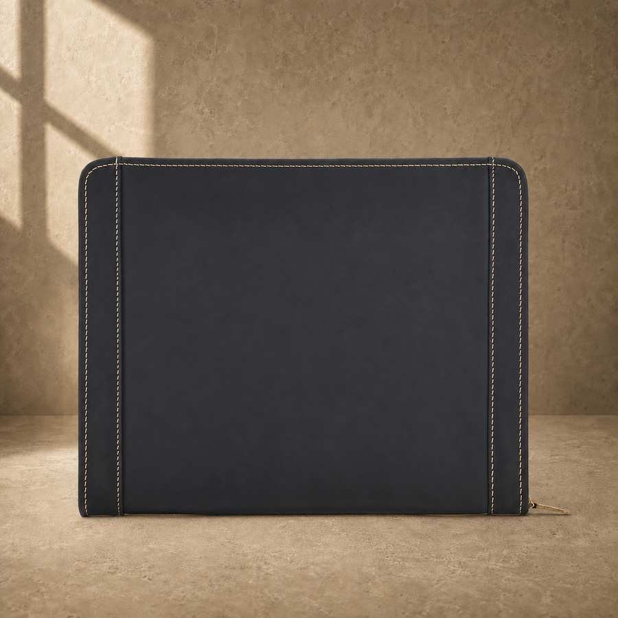 Black crazy-horse leather portfolio rear exterior view