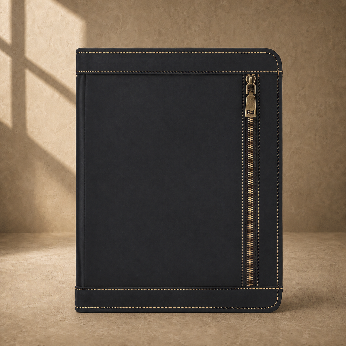 Black crazy-horse leather portfolio exterior zipper pocket view
