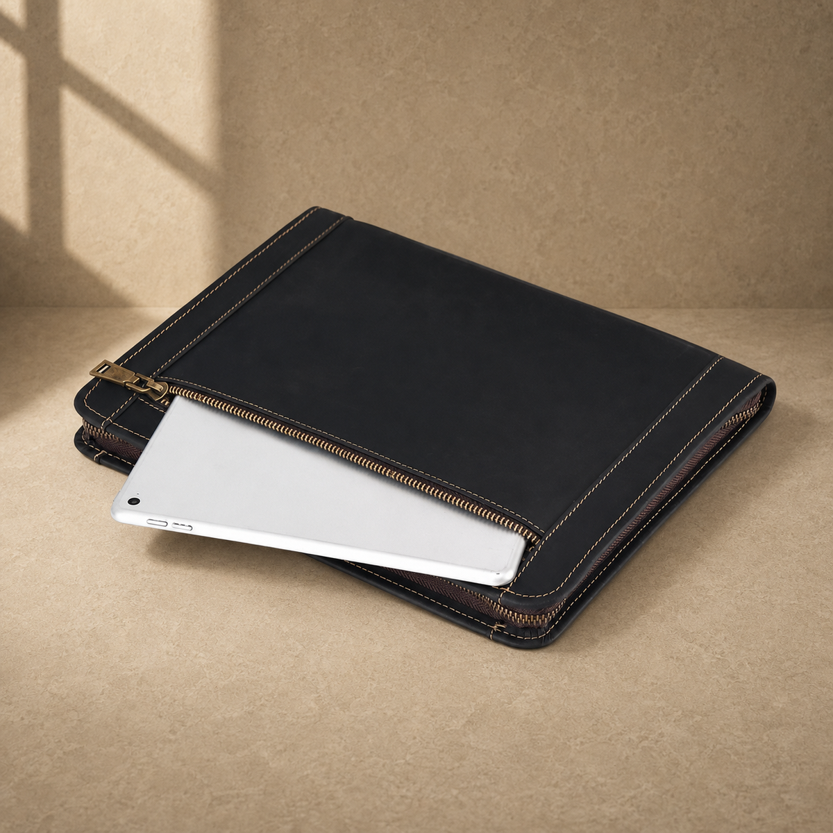 Black crazy-horse leather portfolio exterior tablet pocket view