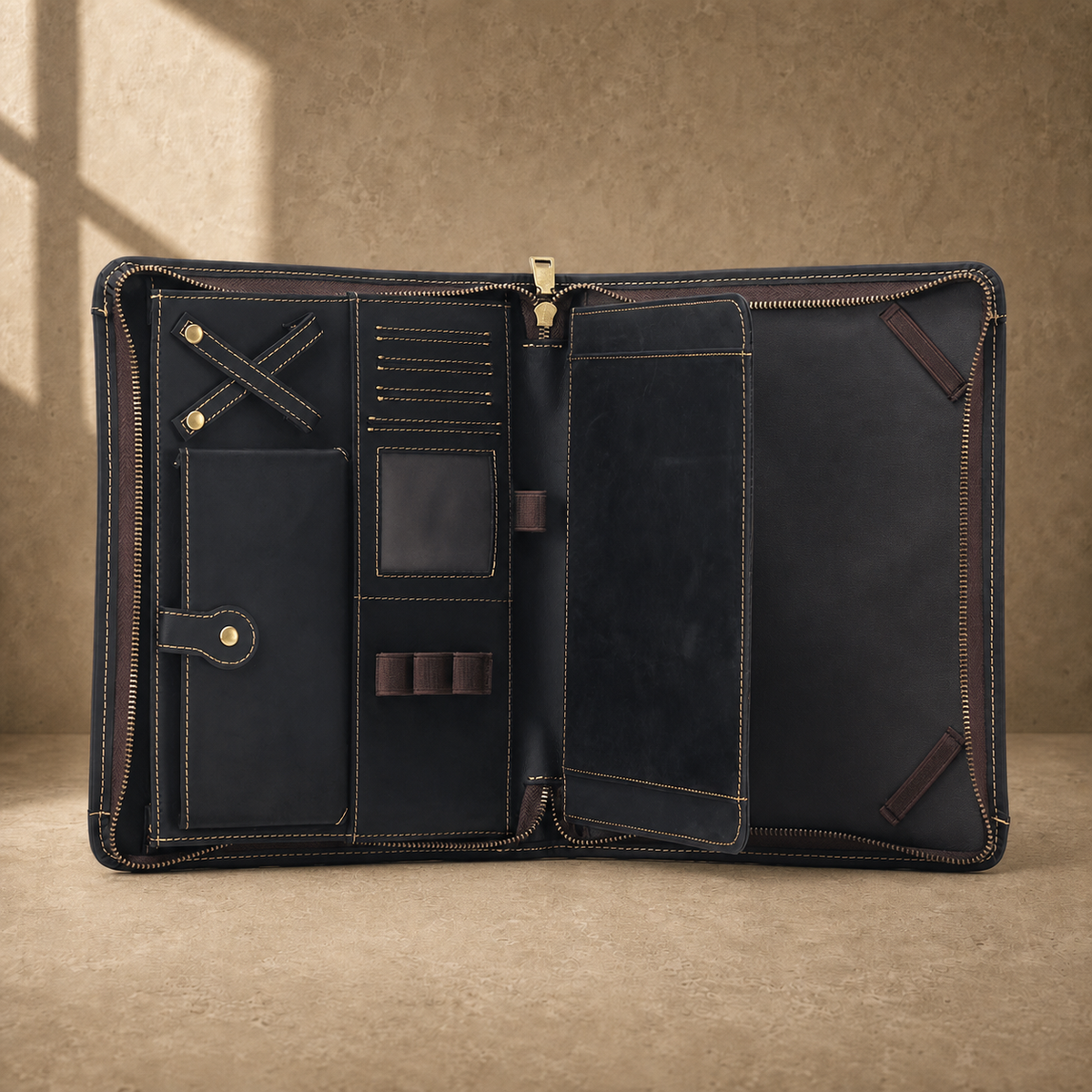 Black crazy-horse leather portfolio empty interior organizer view