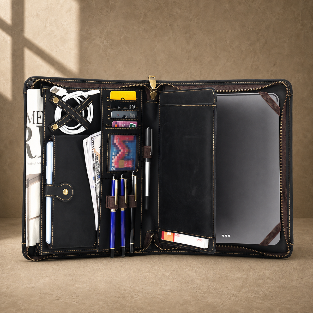 Black crazy-horse leather portfolio open tablet compartment view