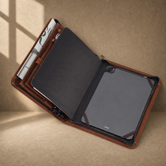 Brown zip work travel portfolio open tablet hero view