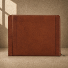 Brown zip work travel portfolio closed rear view