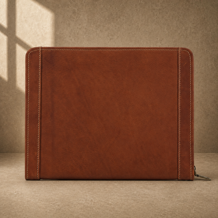 Brown zip work travel portfolio closed rear view