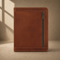 Brown zip work travel portfolio exterior zipper pocket view