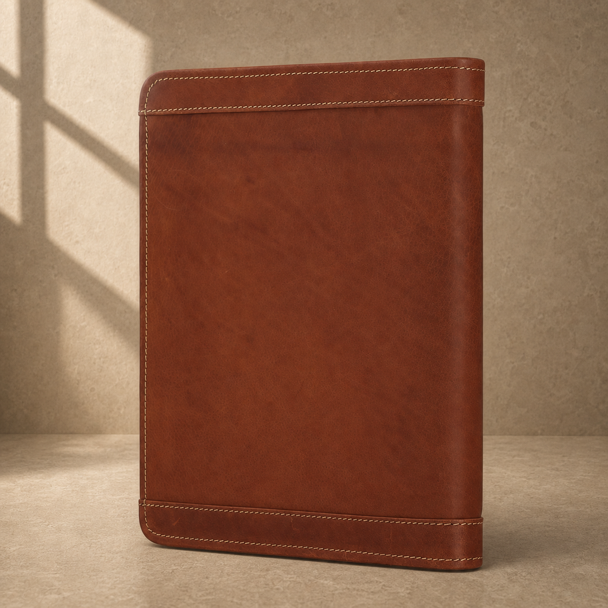 Brown zip work travel portfolio rear three-quarter view