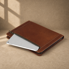 Brown zip work travel portfolio exterior tablet pocket view