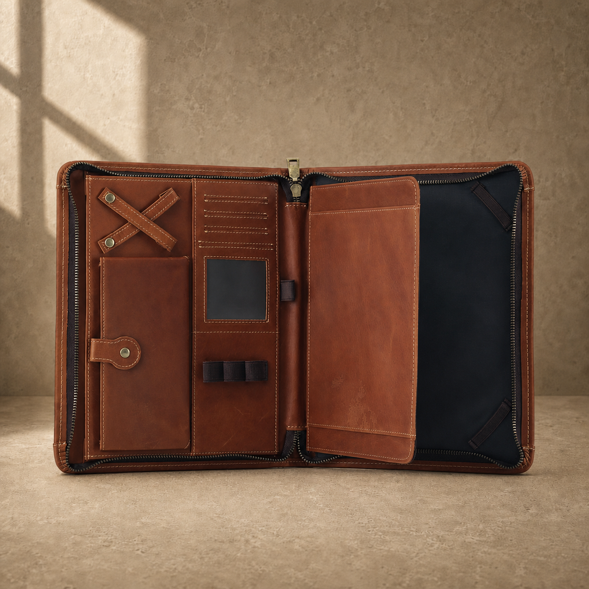 Brown zip work travel portfolio empty interior organizer view