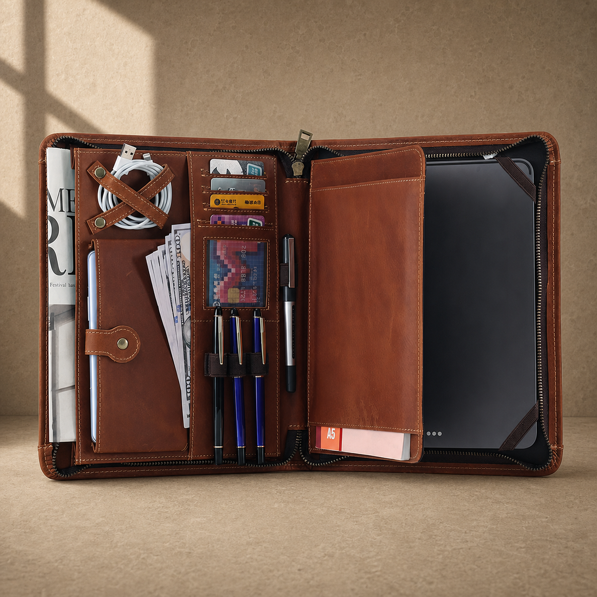 Brown zip work travel portfolio packed interior capacity view