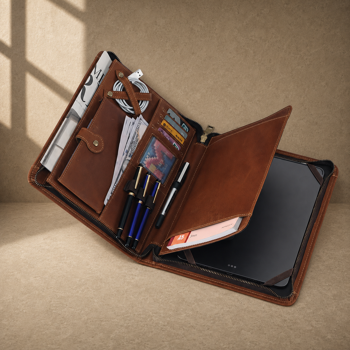 Brown zip work travel portfolio angled packed interior view