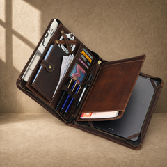 Dark brown leather travel work portfolio open packed hero view
