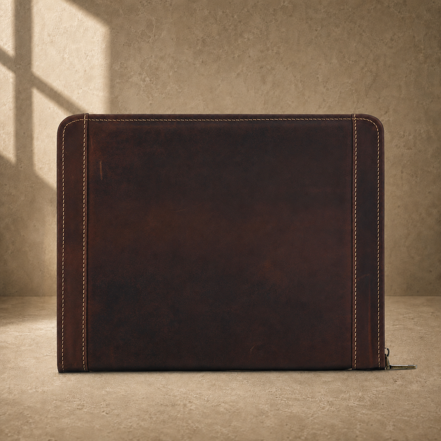 Dark brown leather travel work portfolio closed landscape view