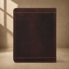 Dark brown leather travel work portfolio closed rear view