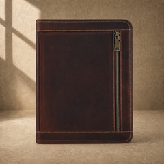 Dark brown leather travel work portfolio exterior zipper view