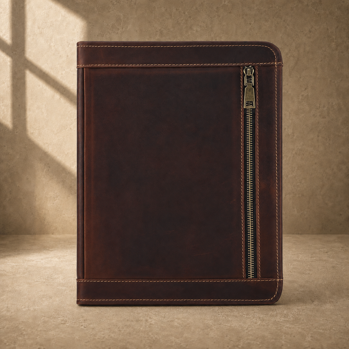 Dark brown leather travel work portfolio exterior zipper view