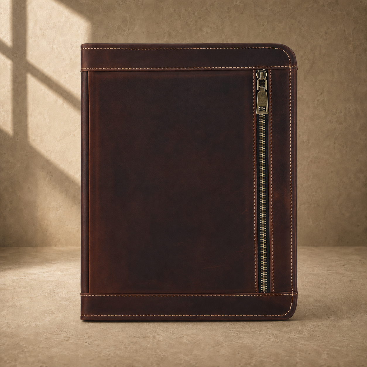 Dark brown leather travel work portfolio exterior zipper view