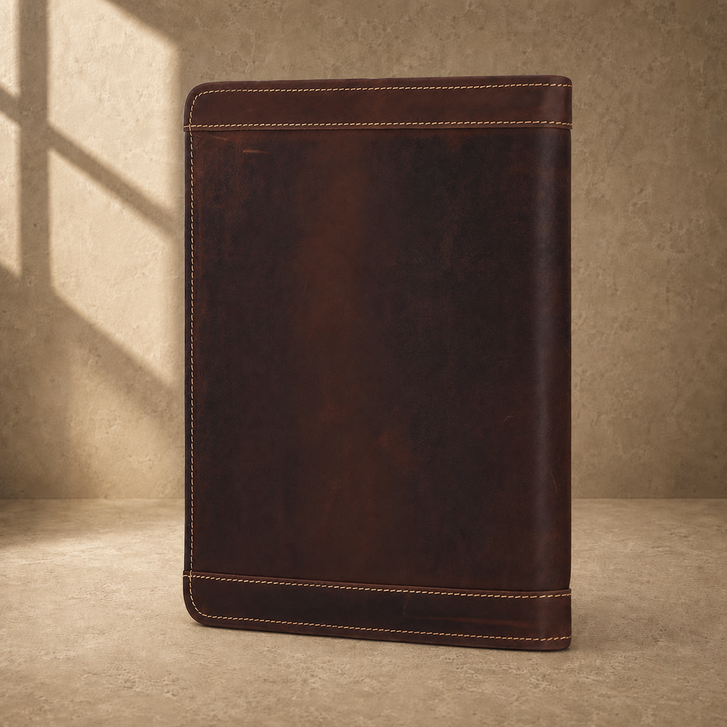 Dark brown leather travel work portfolio angled rear view