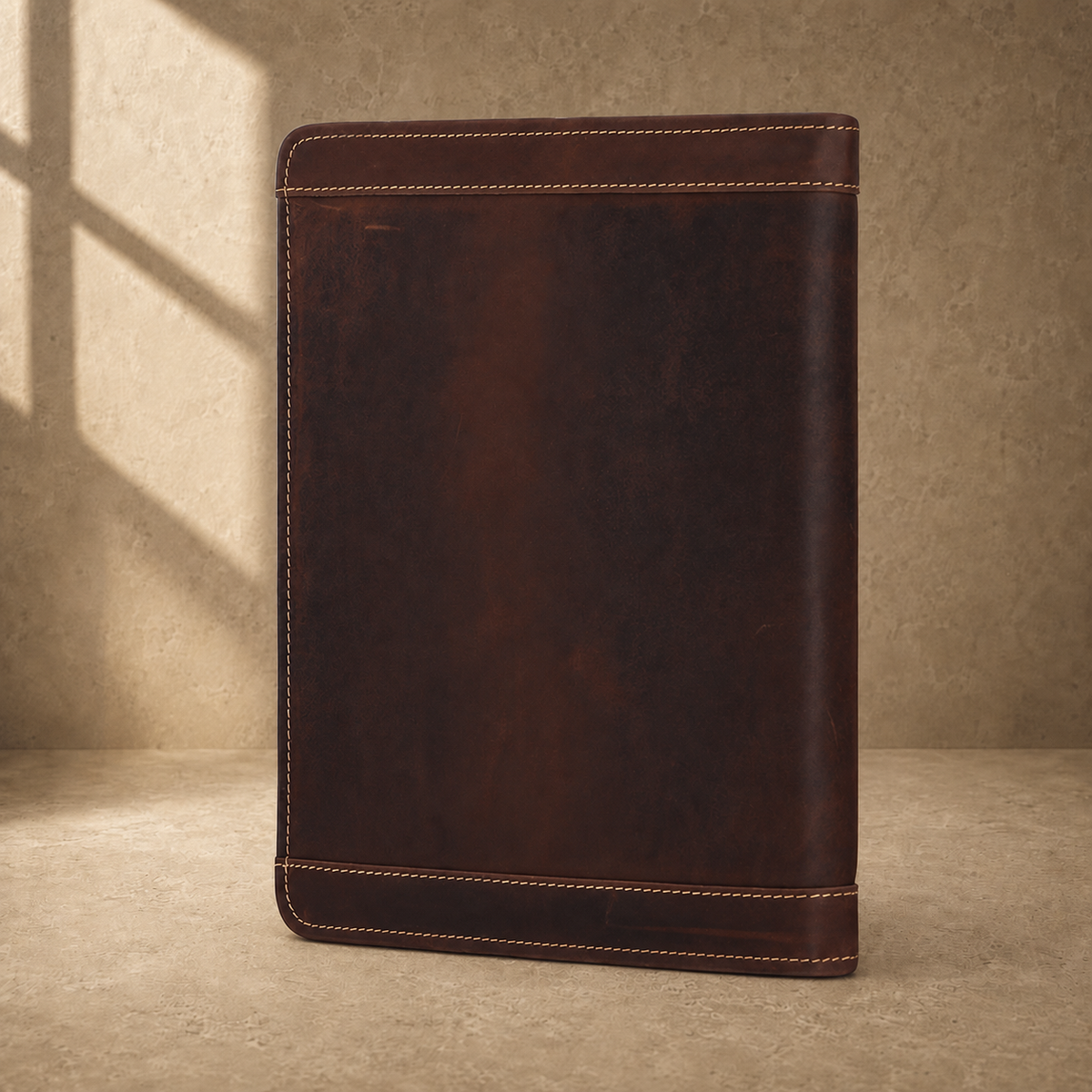 Dark brown leather travel work portfolio angled rear view