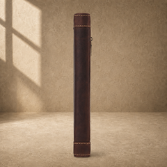 Dark brown leather travel work portfolio spine side view