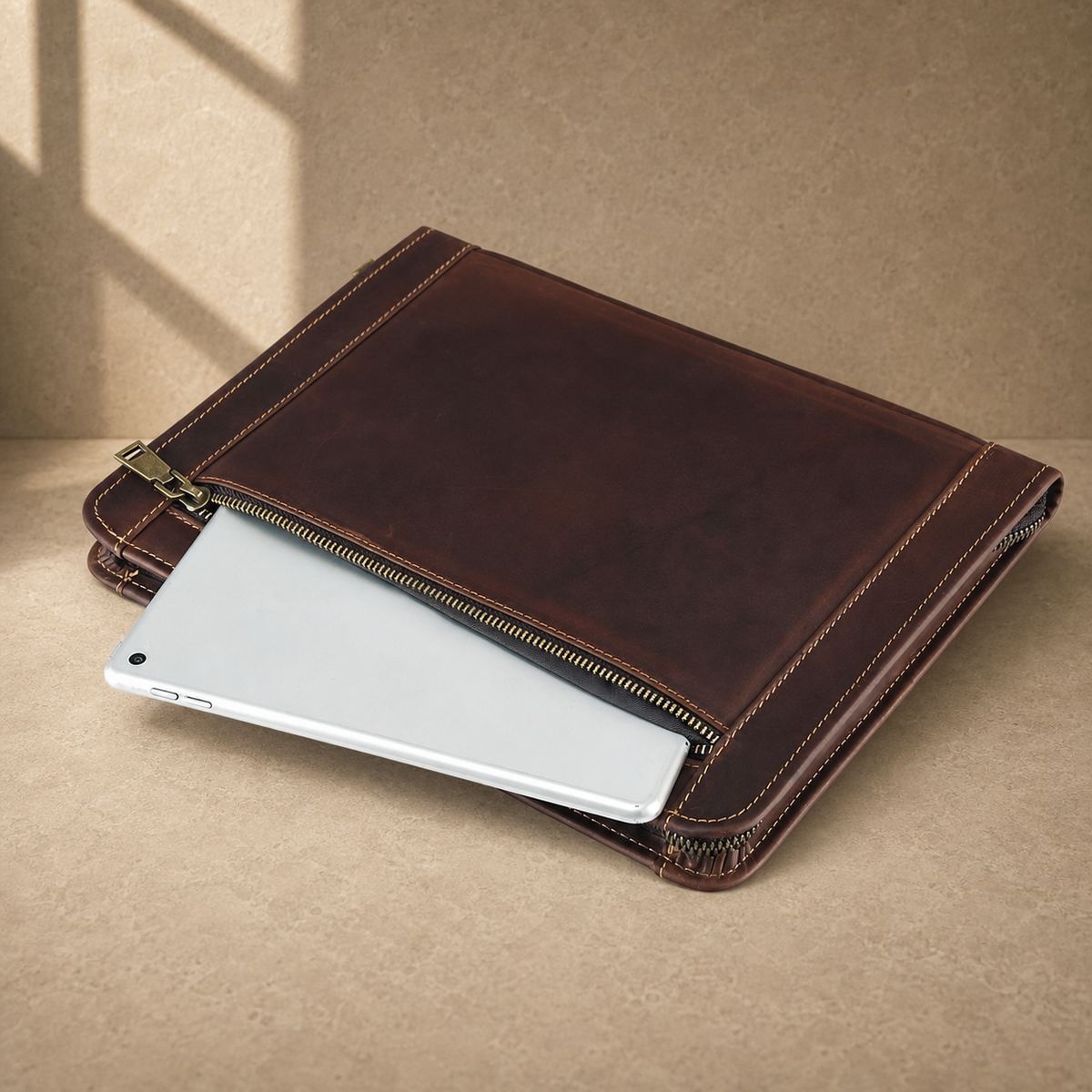 Dark brown leather travel work portfolio outer tablet pocket view