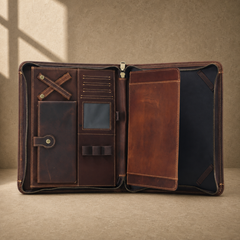 Dark brown leather travel work portfolio open empty organizer view