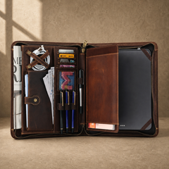 Dark brown leather travel work portfolio open organized capacity view