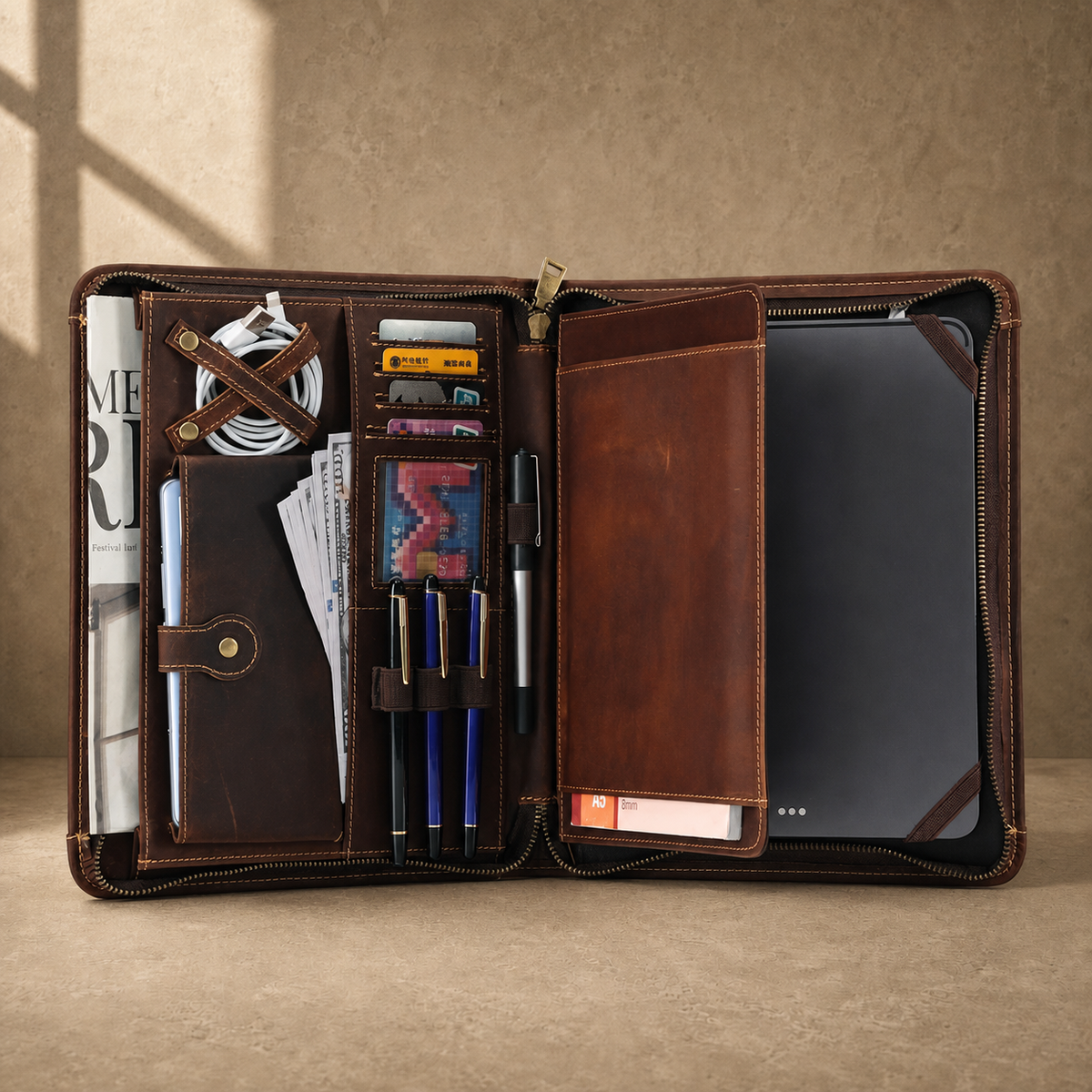 Dark brown leather travel work portfolio open organized capacity view