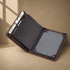 Dark brown leather travel work portfolio open tablet compartment view