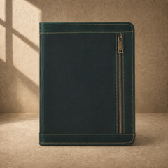 Forest green leather business portfolio front zipper view