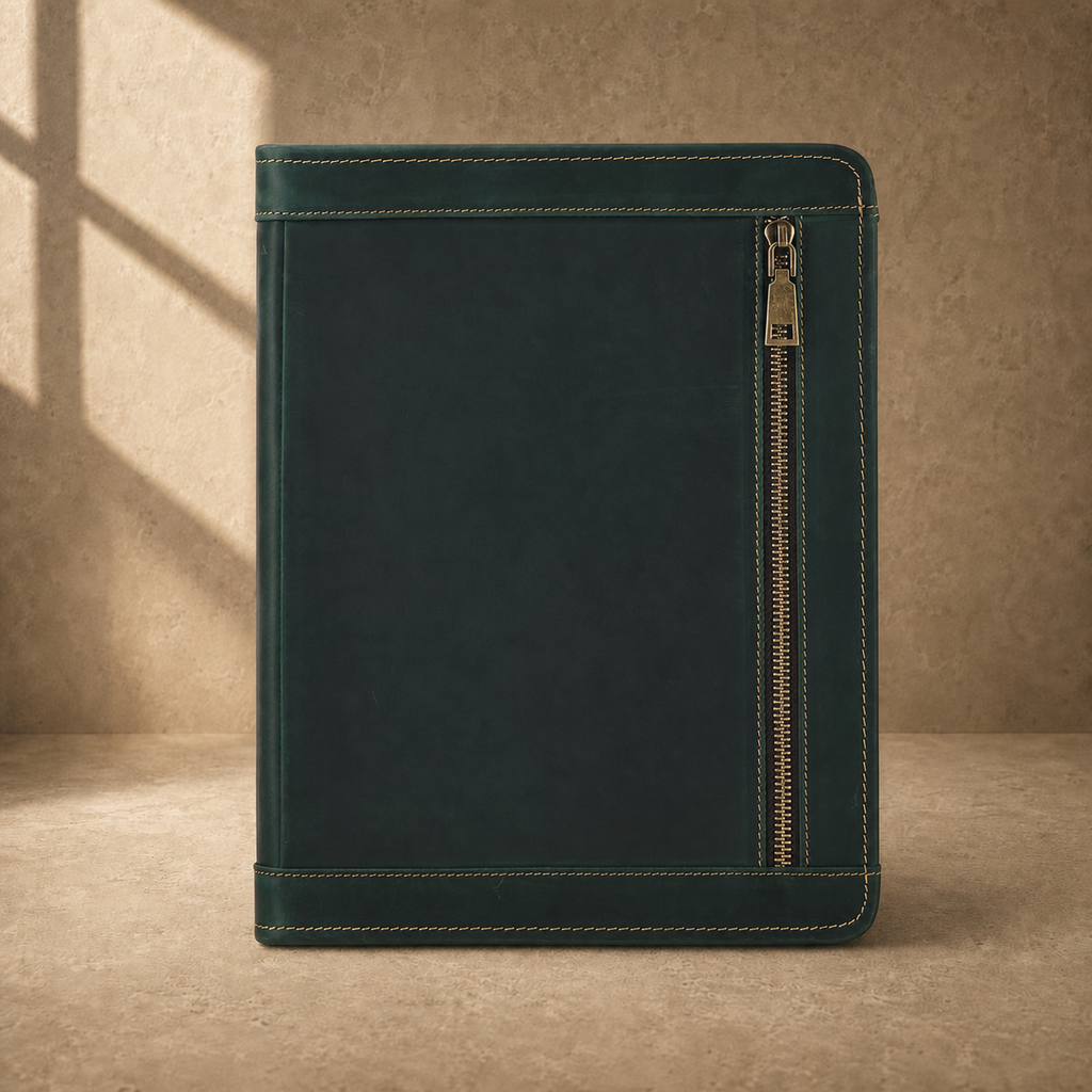 Forest green leather business portfolio front zipper view