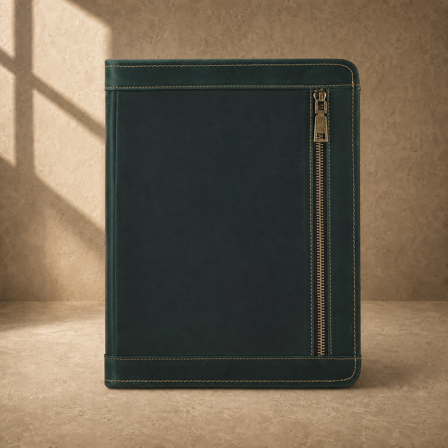 Forest green leather business portfolio front zipper view