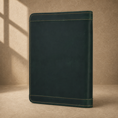 Forest green leather business portfolio rear three-quarter view