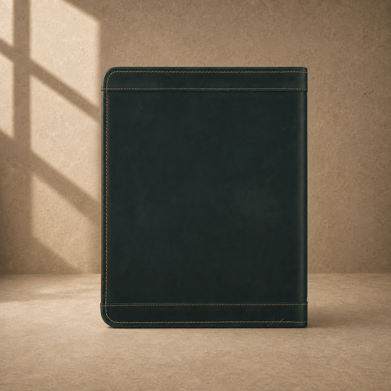 Forest green leather business portfolio upright back view