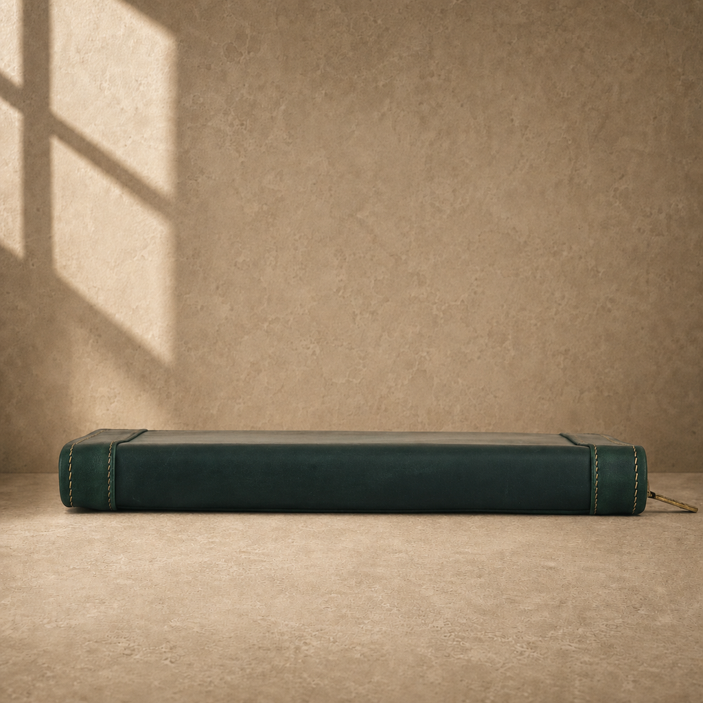 Forest green leather business portfolio bottom edge view