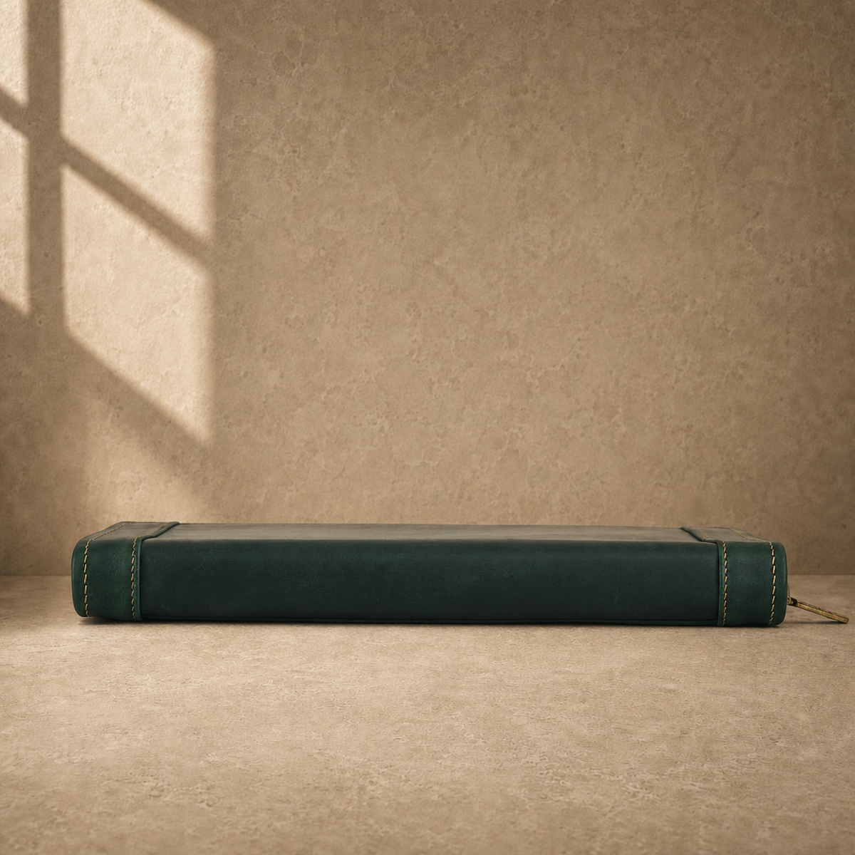 Forest green leather business portfolio bottom edge view