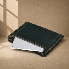 Forest green leather business portfolio exterior tablet pocket