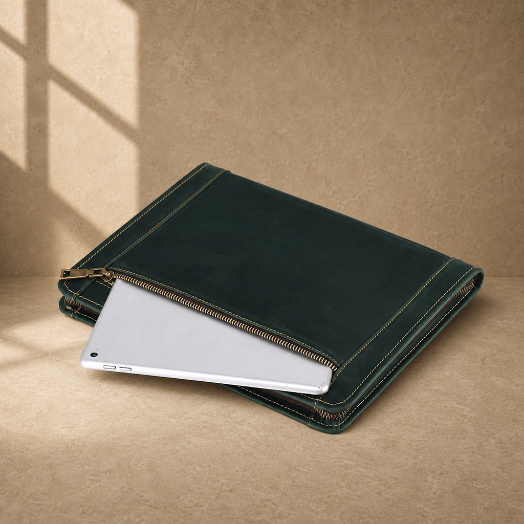 Forest green leather business portfolio exterior tablet pocket