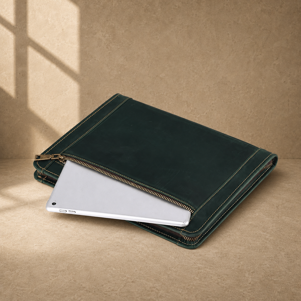 Forest green leather business portfolio exterior tablet pocket